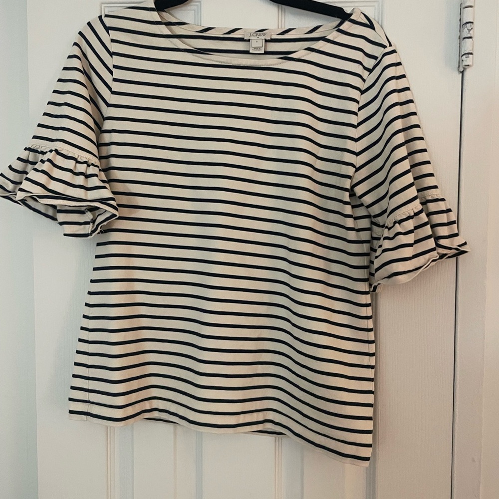 J. Crew Black and White Striped Ruffle Sleeve Tee